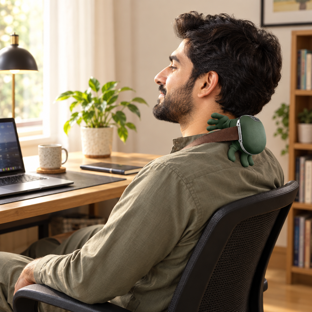 Man wearing green turtle neck massager beside home-office desk