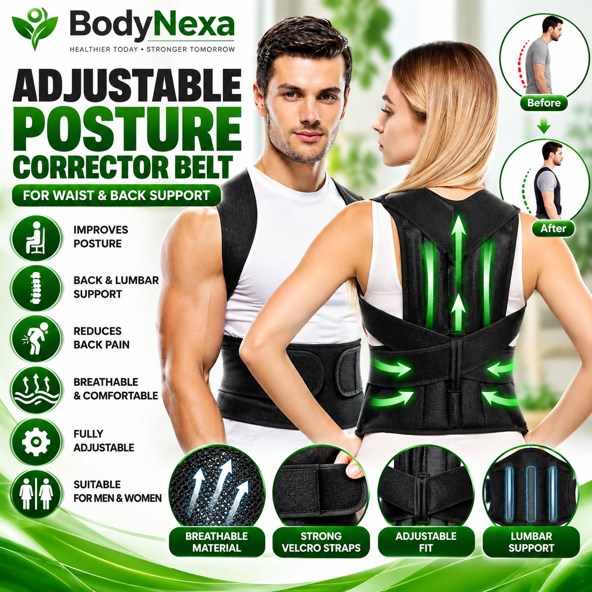 Adjustable Posture Corrector Belt for Back & Waist Support | BodyNexa