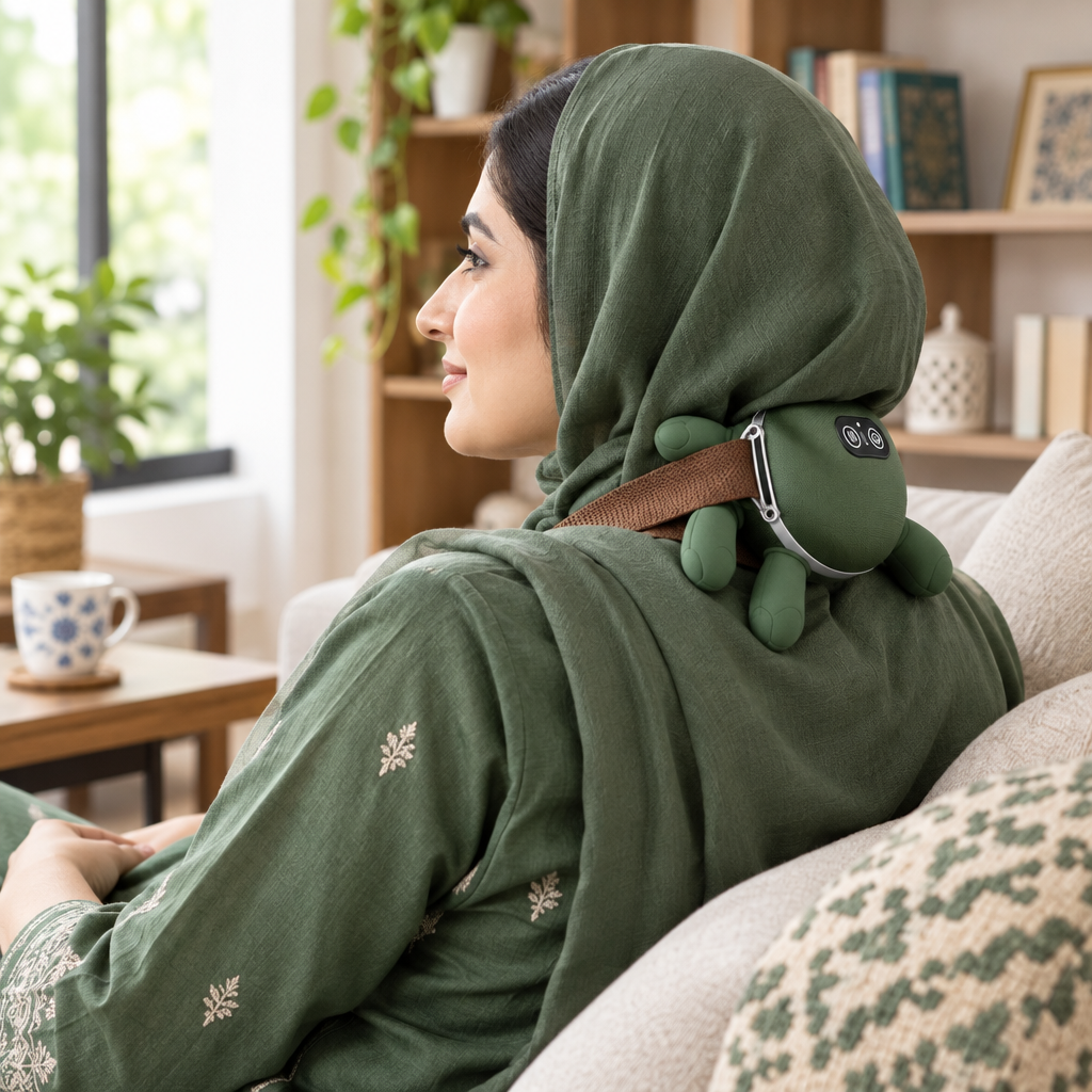 Woman wearing green turtle neck massager at home