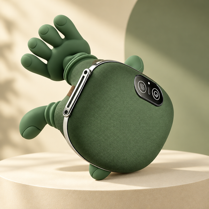 Green turtle neck massager on cream studio pedestal