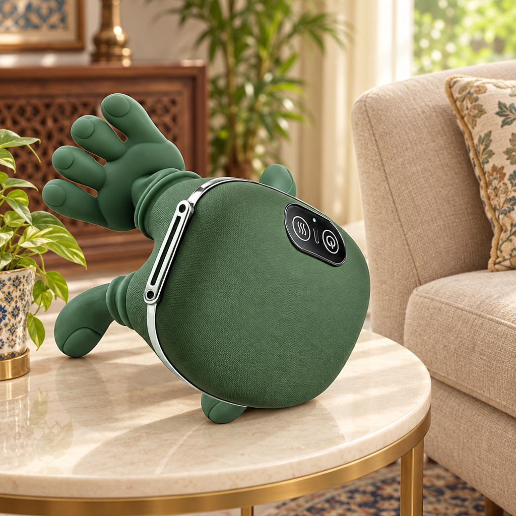 Green turtle neck massager styled beside a chair